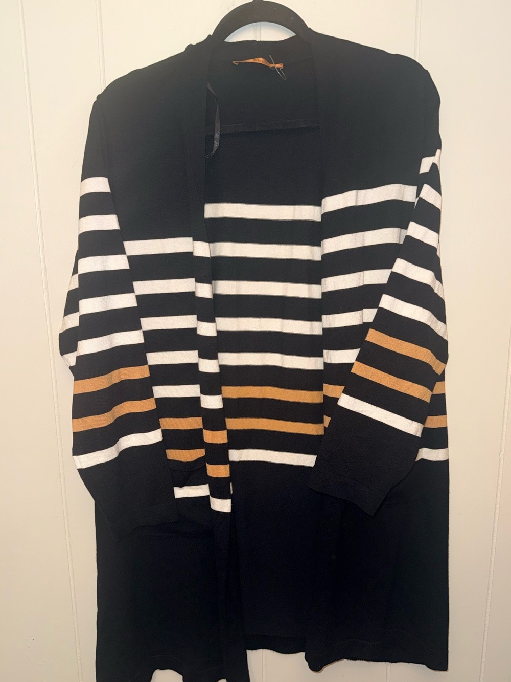 Belldini Black Open-Front Cardigan with White and Brown Stripes